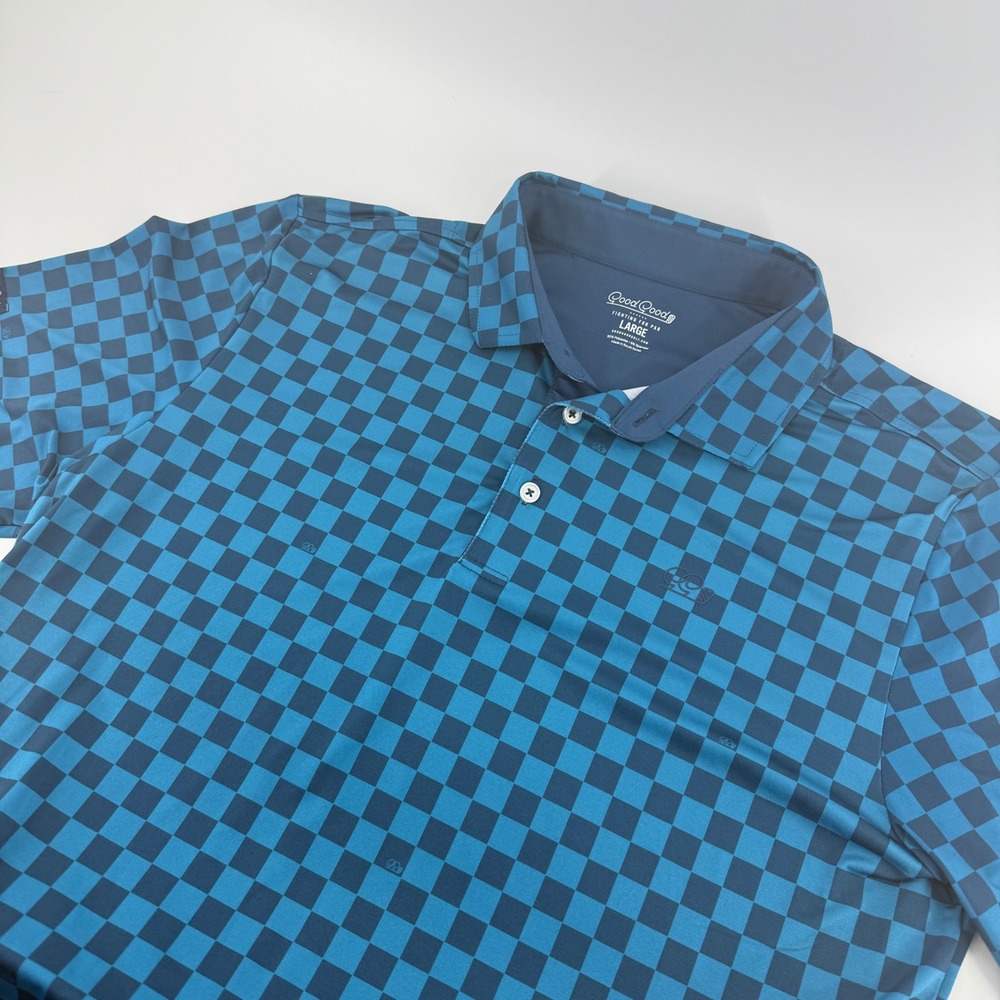 Good Good Golf Mens Large Teal Blue Checker Performance Polo Shirt Short Sleeve